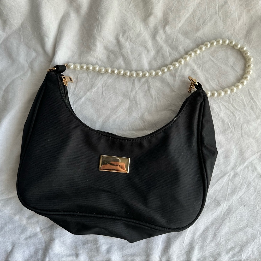 Black Satin Shoulder Bag Pearl Strap Gold Accent